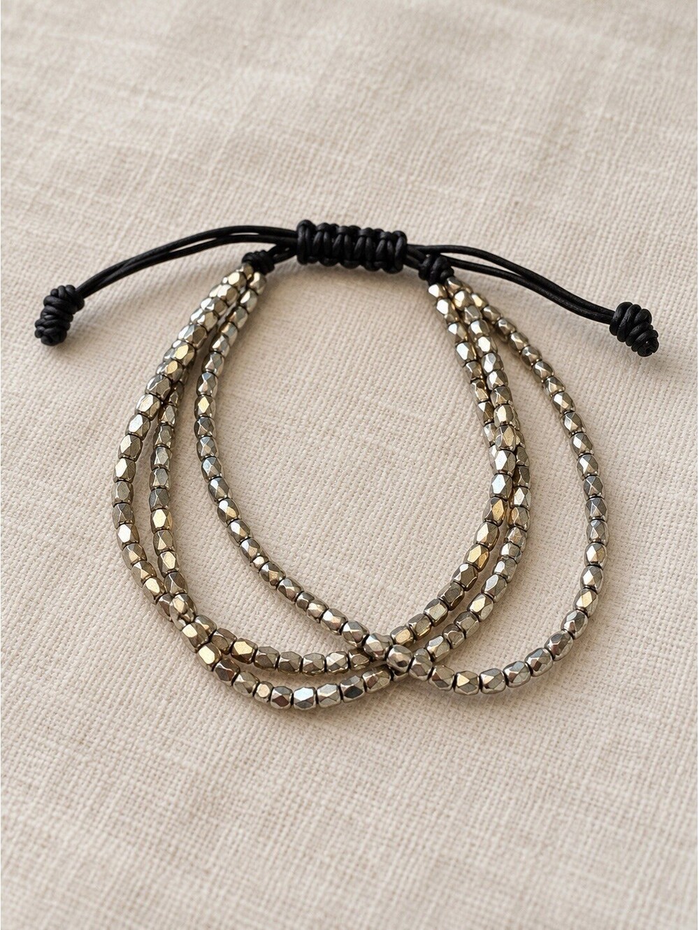 Silver Tone Faceted Bead 3 Strand Adjustable Bracelet Black Cord